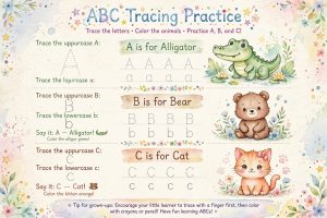 ABC Tracing Practice A is for Alligator, B is for Bear – preschool worksheets