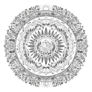 Nature's Calm mandala landscape coloring – mountain and forest