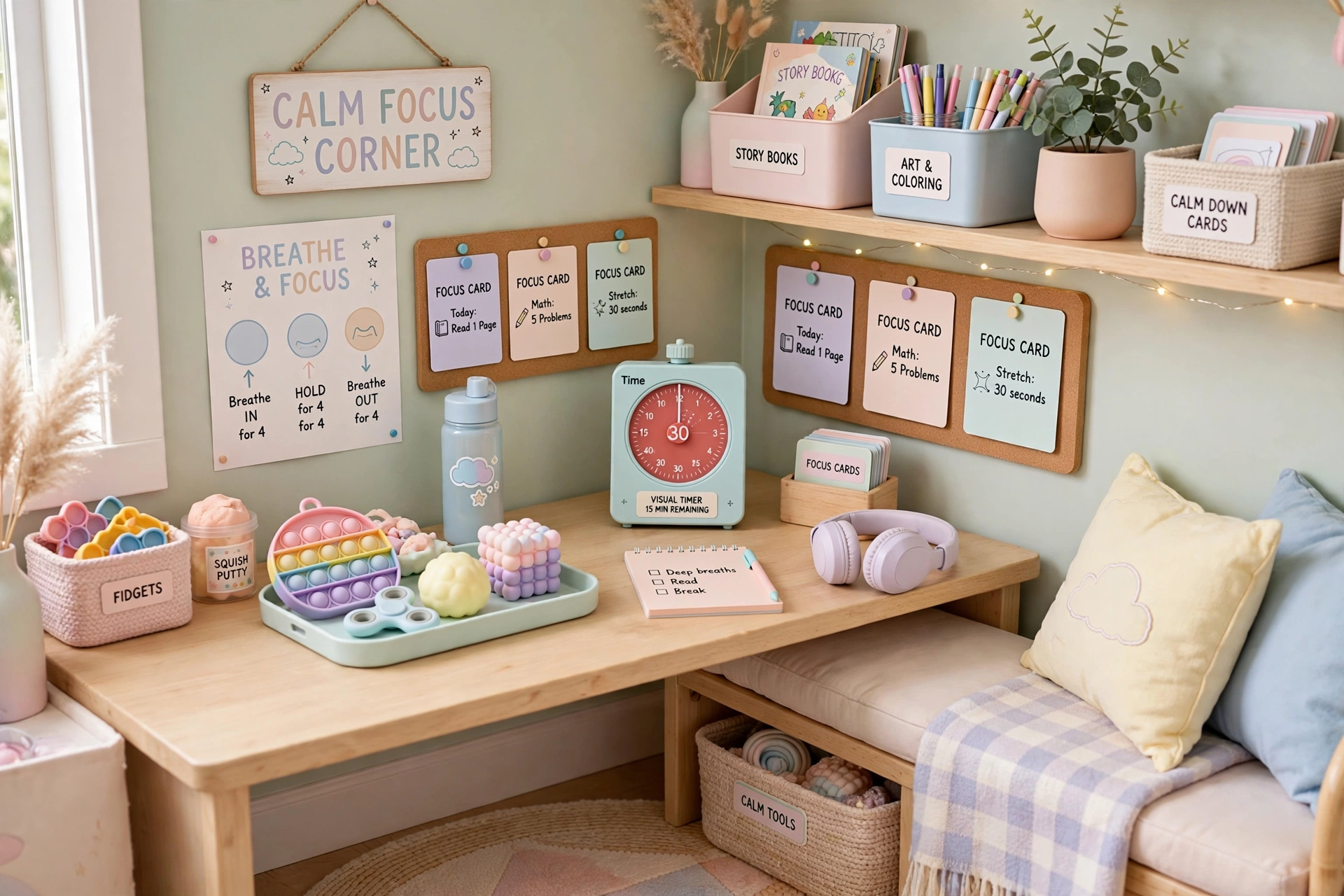 Focus corner for ADHD kids – visual timer, focus cards, fidgets, calm tools
