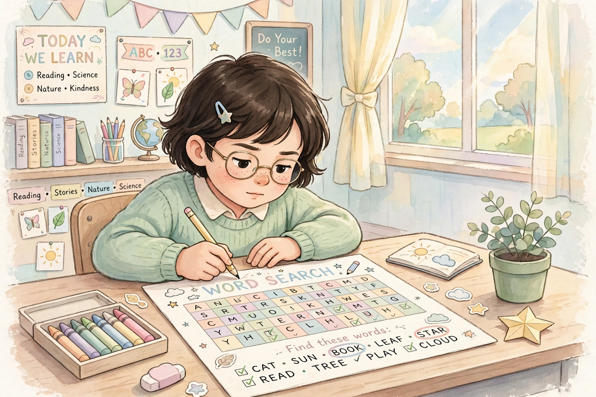 Child focused doing word search puzzle – ADHD focus activity